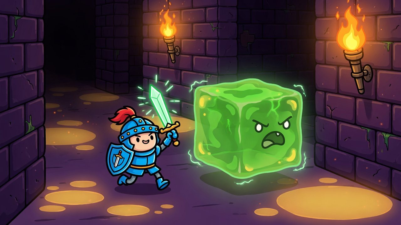 In-game style: hero faces a glowing gel cube in a torchlit dungeon