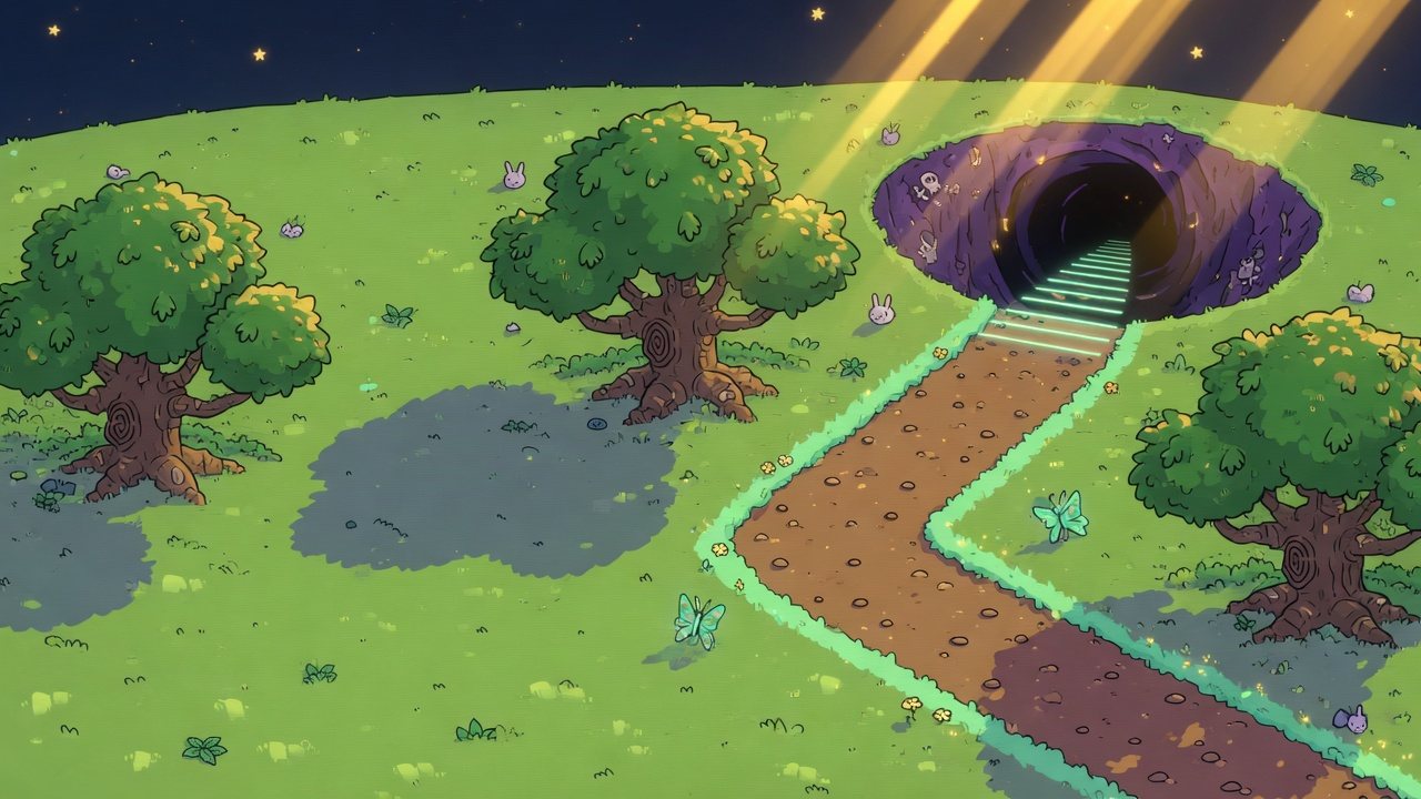 Sunny meadow path with giant trees and dungeon stairs