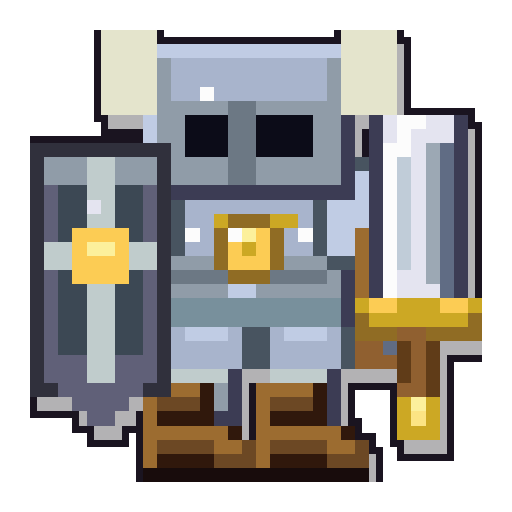 Your hero in full plate with sword and shield — ready to crawl