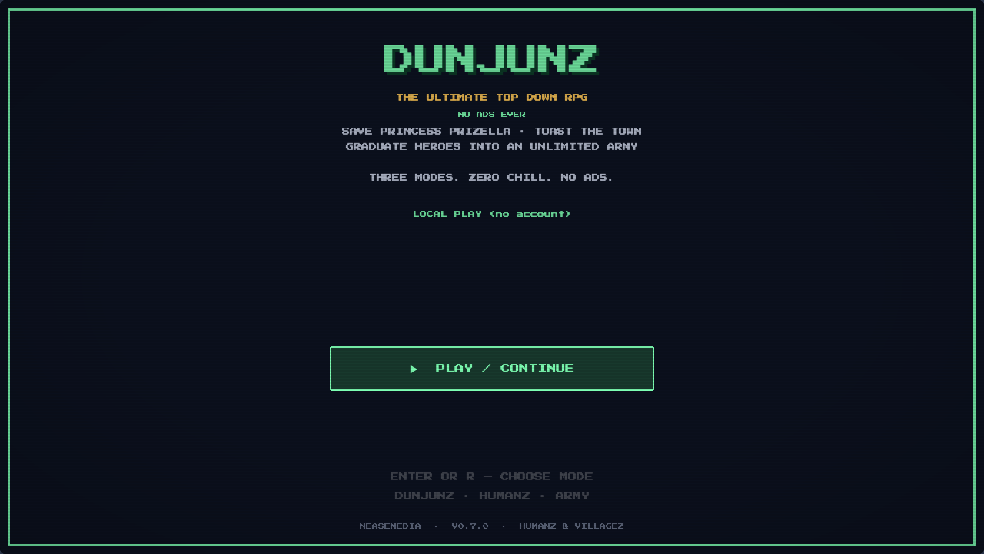 Actual in-browser DUNJUNZ title screen: PLAY / CONTINUE, no account required
